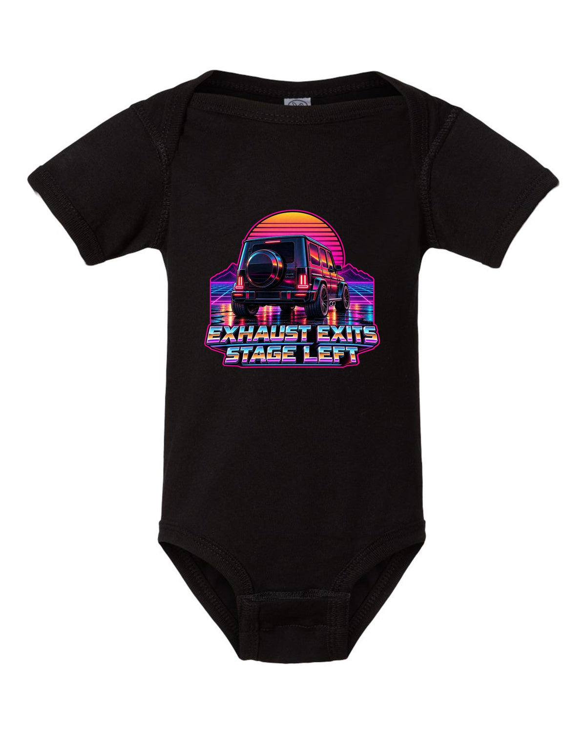 Cyanotype blueprint top view of a Mercedes G-Class W460 reading No ABS No Airbag 1979, print black baby onesie front view with the design