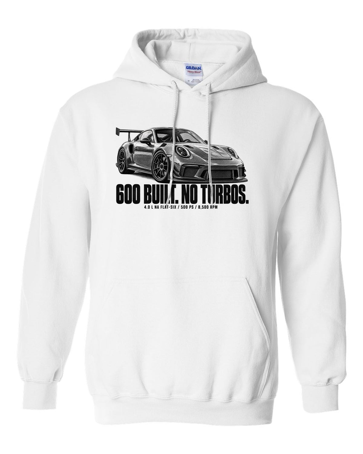 Halftone print of a Porsche 911 997 GT3 RS 4.0 with 600 built and 8,500 rpm lettering white pull over hoodie front view with the design
