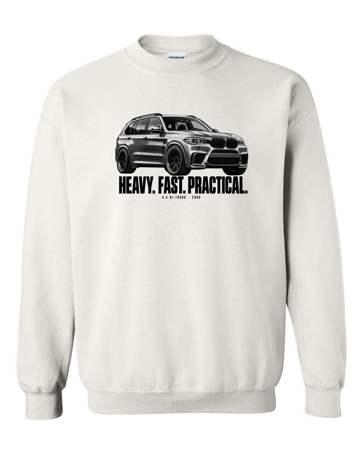 BMW X5 M E70 halftone print with heavy fast practical text and 4.4 bi-turbo white crewneck front view with the design