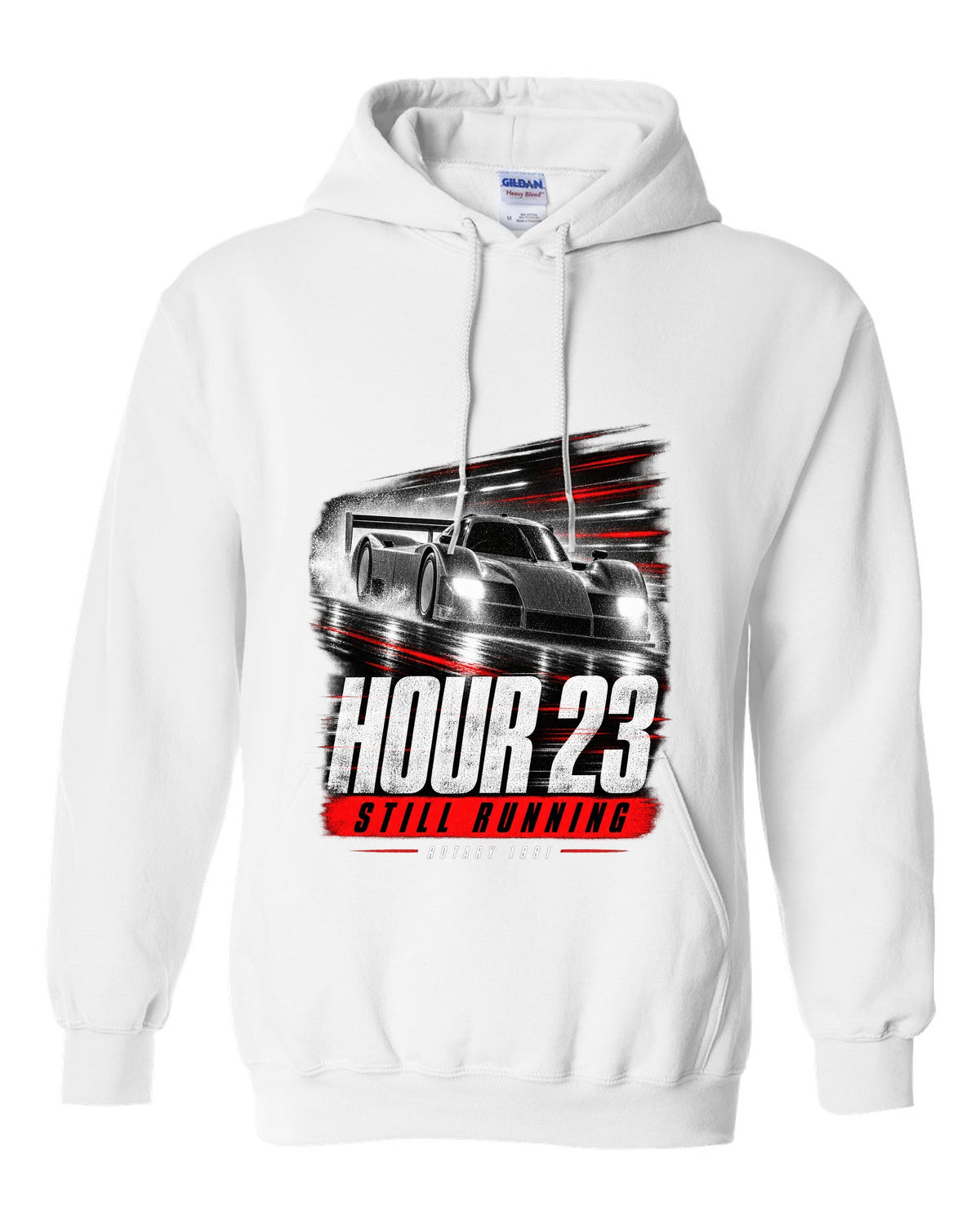 Cropped Mazda 787B race poster reading hour 23 still running rotary 1991 white pull over hoodie front view with the design