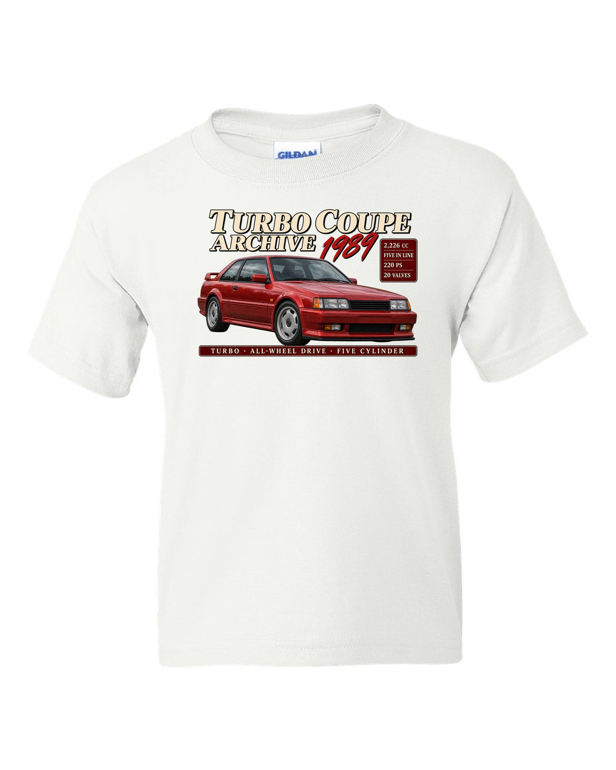Audi Ur-Quattro 20V 1989 front three-quarter in archive panel with 2,226 cc text white kids tee front view with the design
