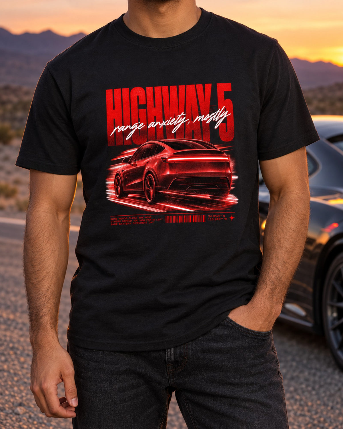 Tesla Model Y Juniper Highway 5 Poster Tee, Range Anxiety T-Shirt Black worn hero