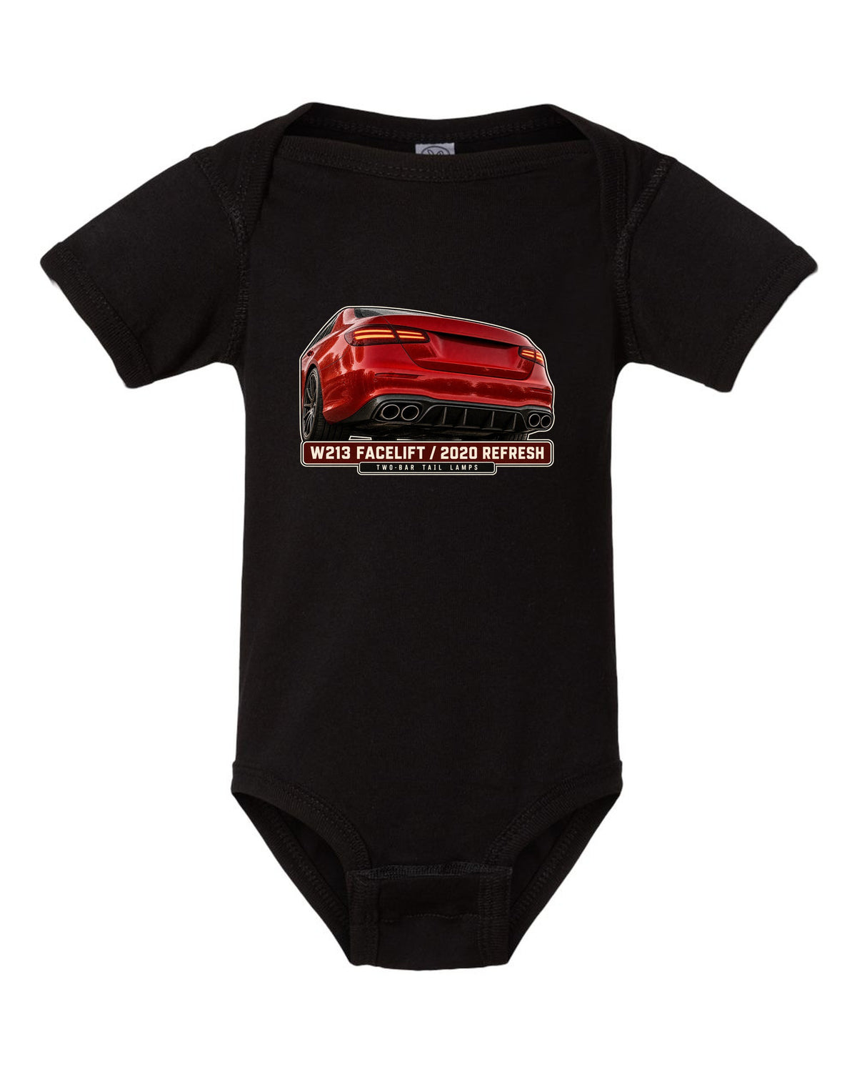 Tail lamp macro print of a red-orange Mercedes-AMG E63 S W213 facelift black baby onesie front view with the design