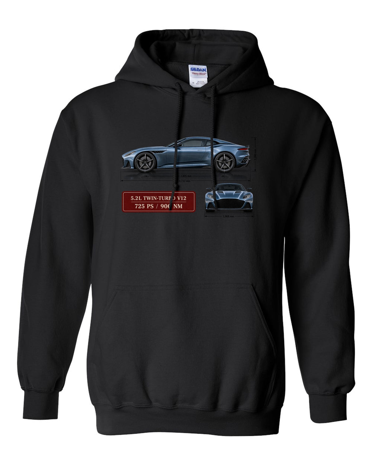 Aston Martin DBS Superleggera 2018 spec sheet print with 5.2L V12 725 PS 900 Nm black pull over hoodie front view with the design