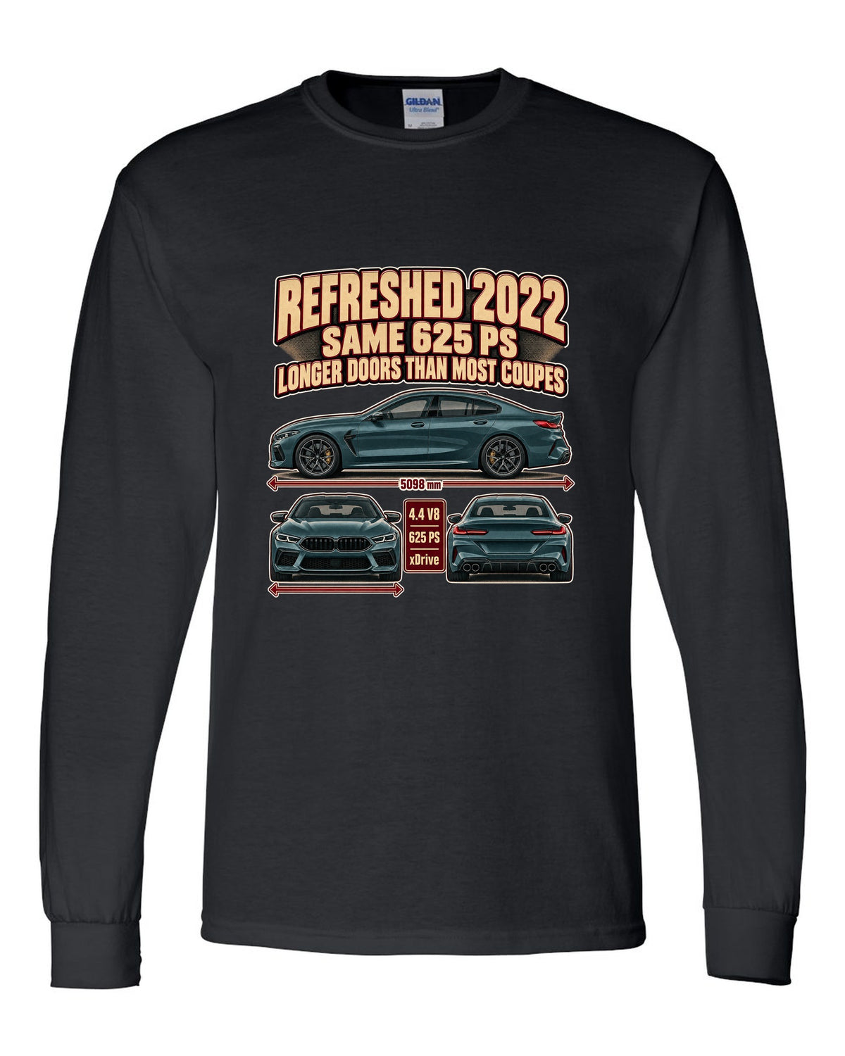 BMW M8 Competition Gran Coupe F93 2022 three-view print on a tee black long sleeve front view with the design