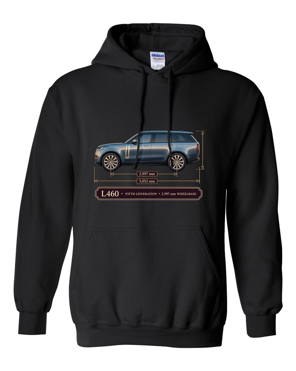 Dimension blueprint print of the Range Rover L460 fifth generation with wheelbase black pull over hoodie front view with the design