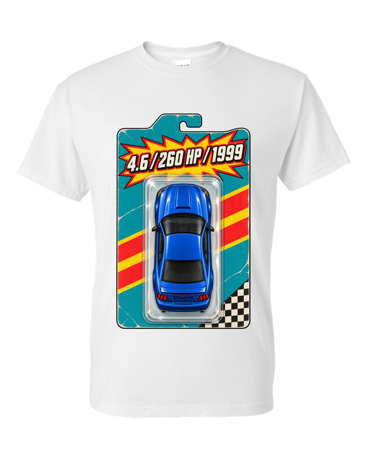 Toy blister card layout of a 1999-2004 New Edge Ford Mustang coupe with 4.6 260 HP text white t-shirt front view with the design
