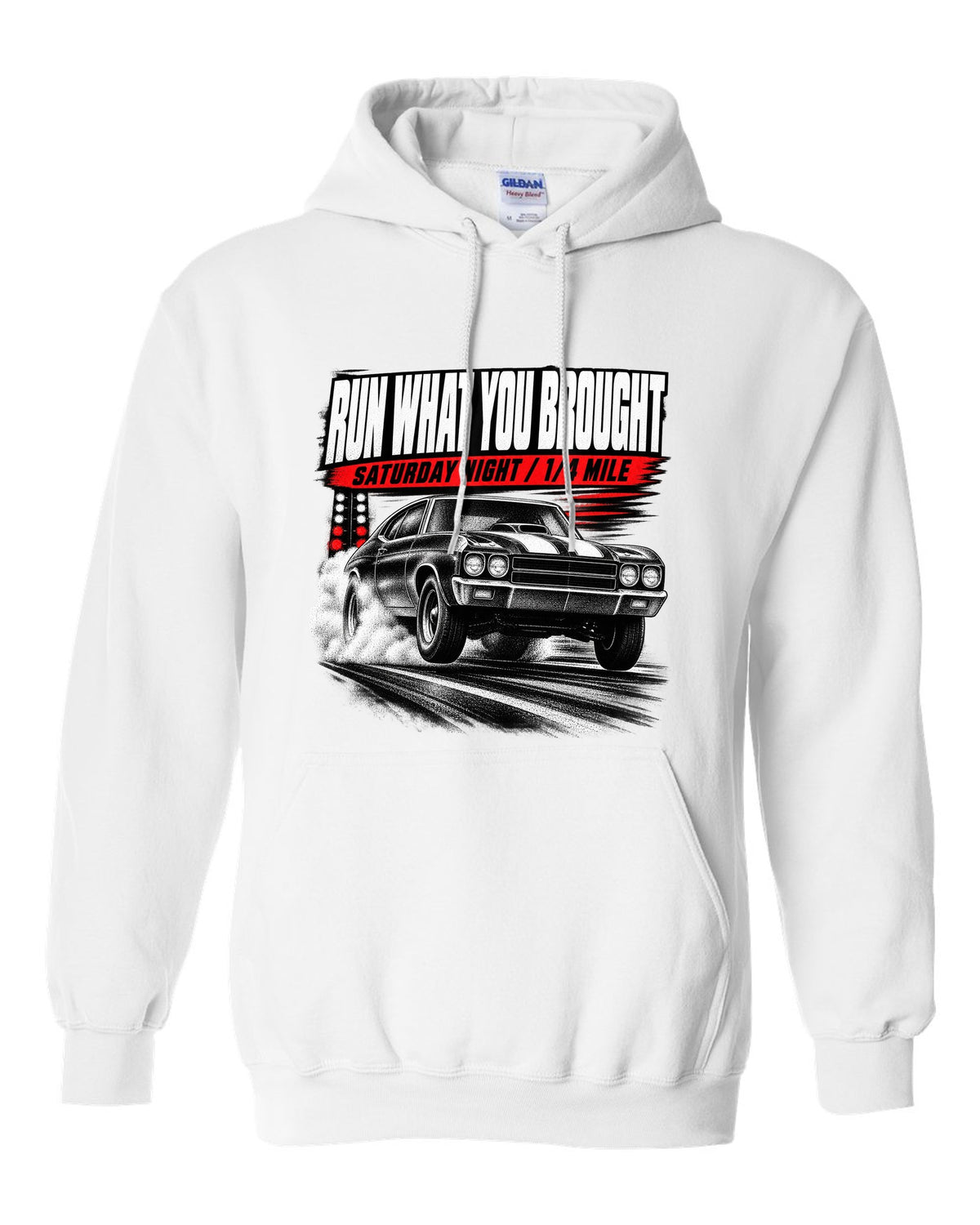 Race-poster print of a 1970 Chevrolet Chevelle SS with run w you brought and quarter mile text white pull over hoodie front view with the design