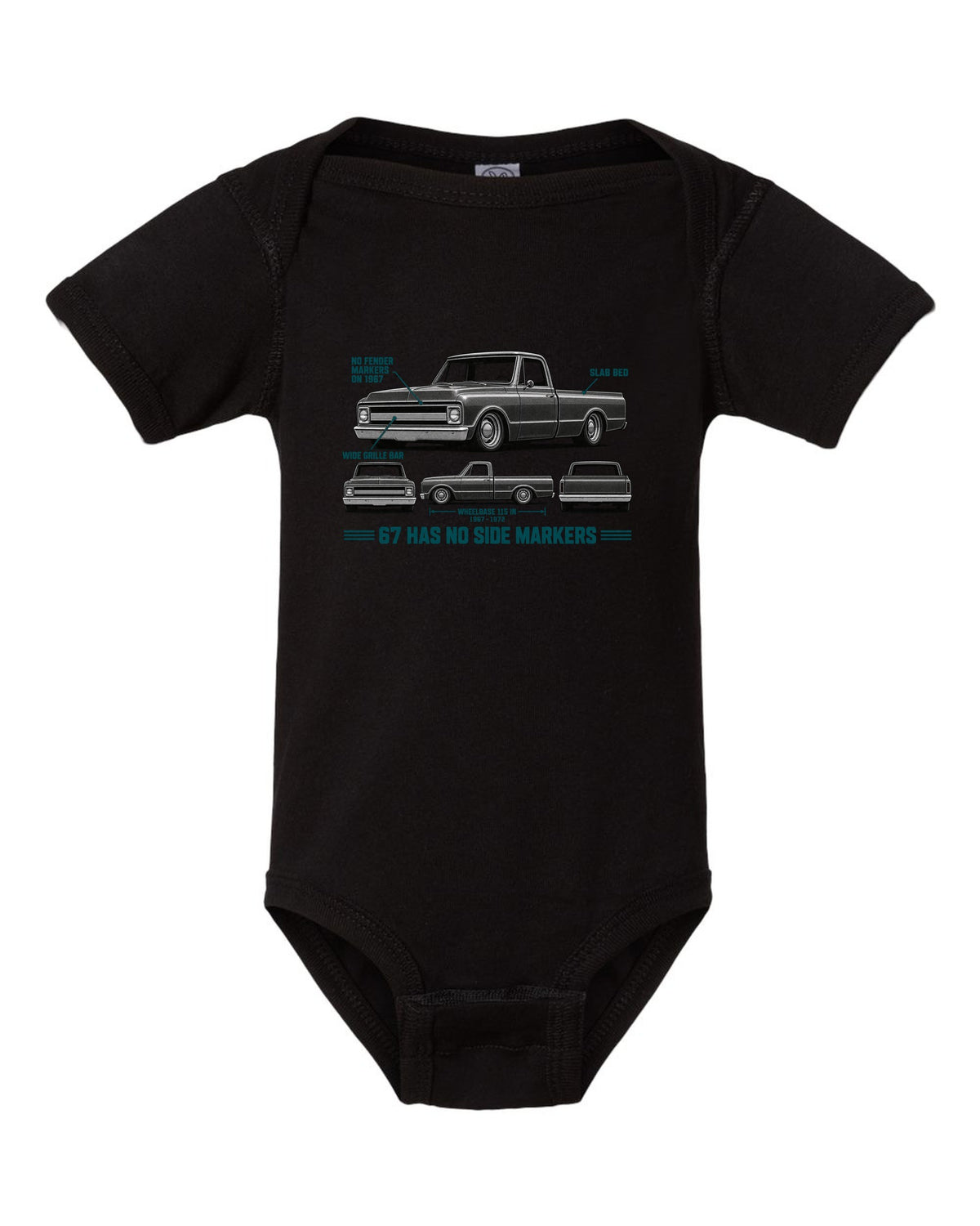Chevrolet C10 Fleetside 1967-72 Spec Strip black baby onesie front view with the design