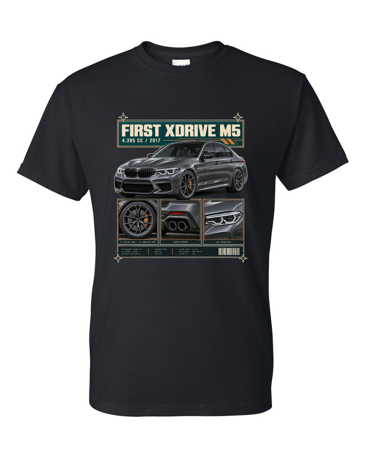 BMW M5 F90 Competition dossier panel print on a tee black t-shirt front view with the design