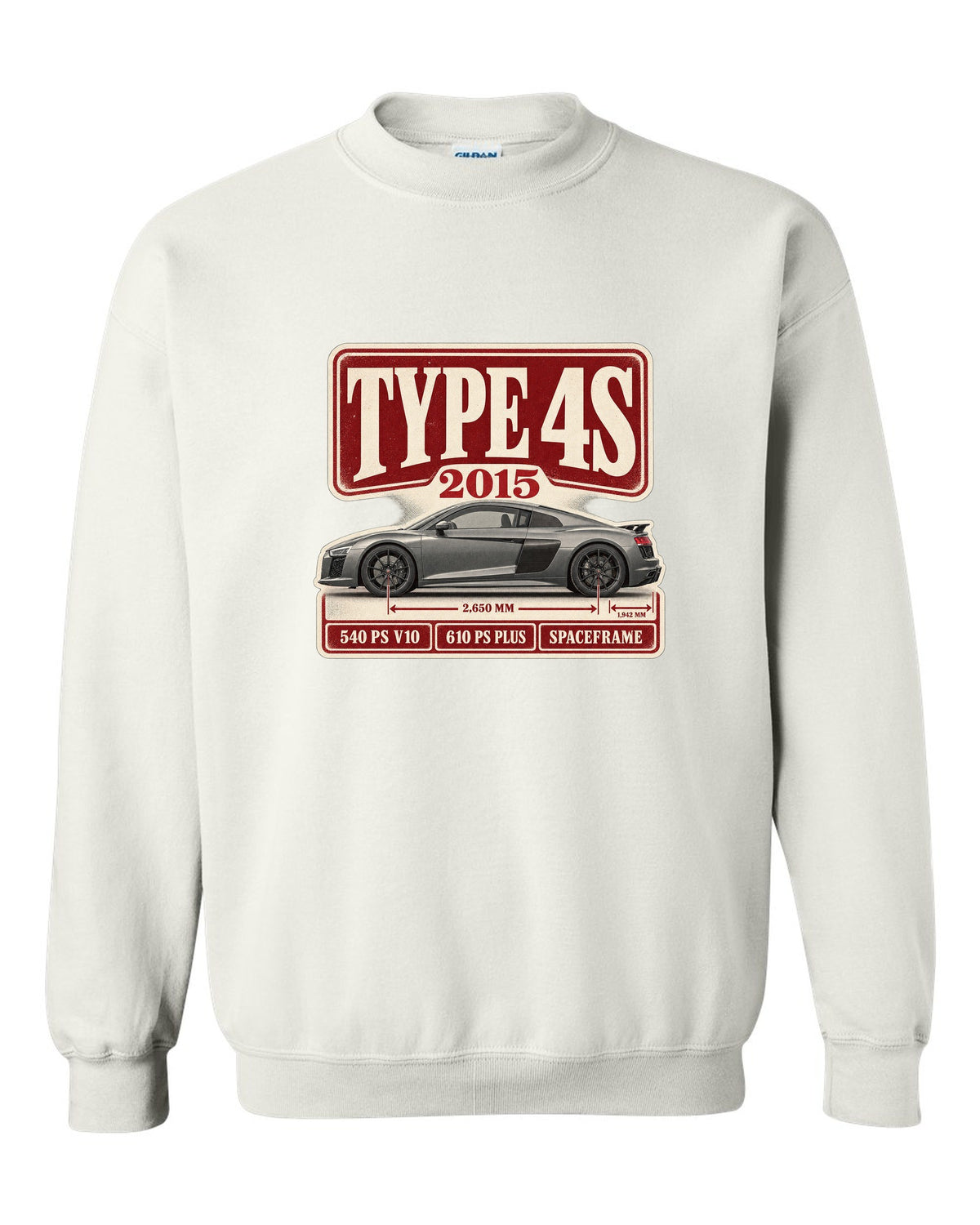 Audi R8 V10 Type 4S 2015 launch archive panel print design white crewneck front view with the design
