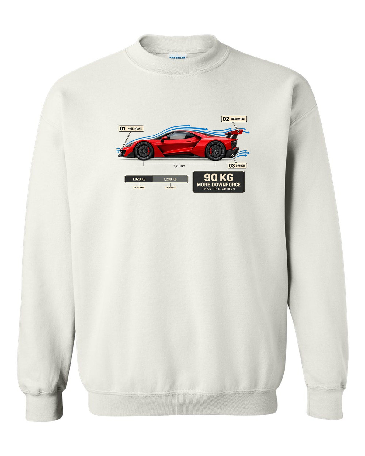 Bugatti Divo aero callouts diagram print about downforce versus Chiron white crewneck front view with the design