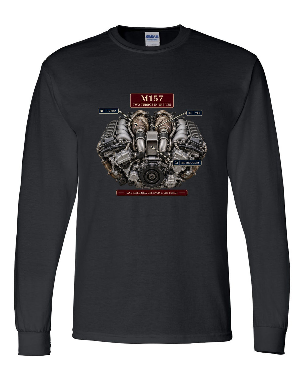 Engine hero print of the Mercedes-AMG M157 5.5 biturbo V8 from the W212 E63 S black long sleeve front view with the design
