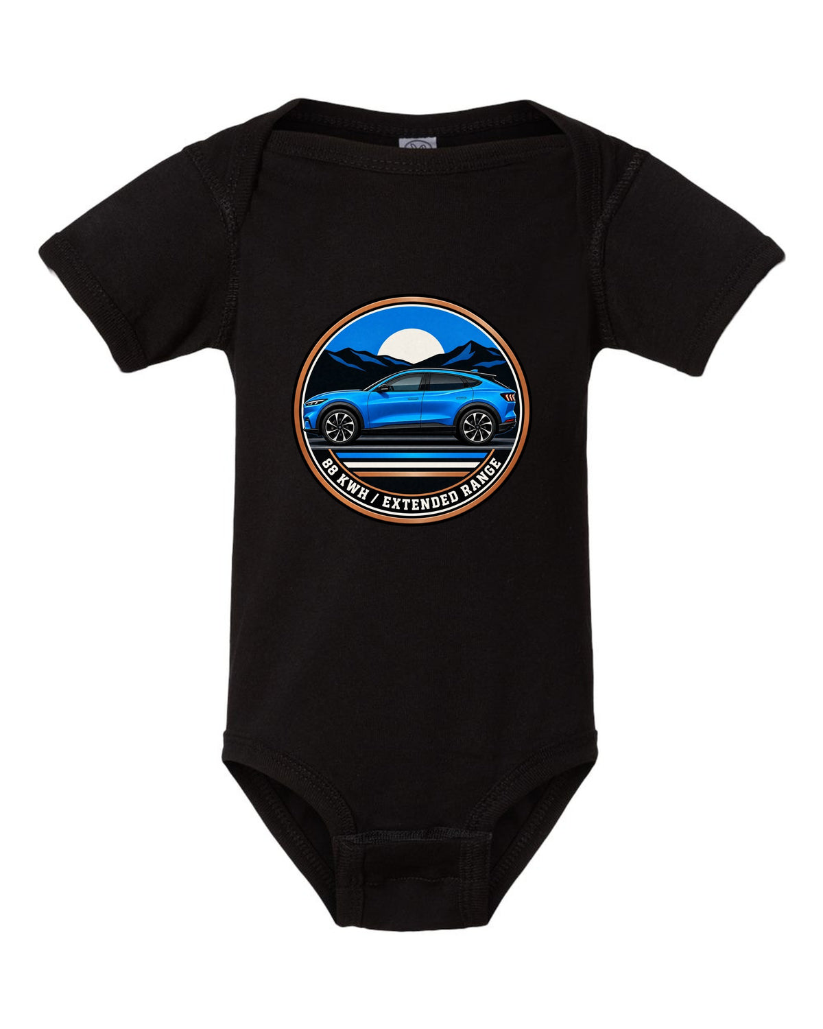 Gauge-cluster HUD print of a 2020 Mustang Mach-E CX727 showing One Gear 3.5 Sec black baby onesie front view with the design
