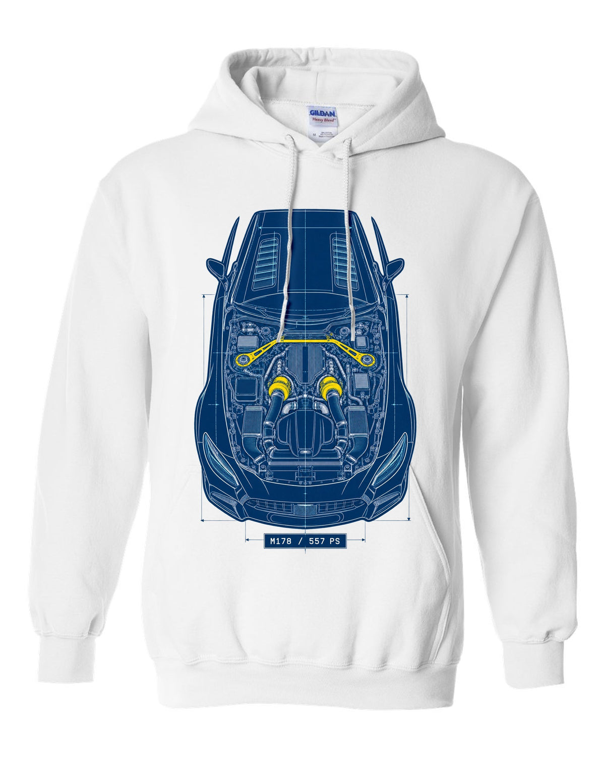 Neon synthwave illustration of Mercedes AMG GT R C190 tail lights with M178 4.0 Biturbo text white pull over hoodie front view with the design