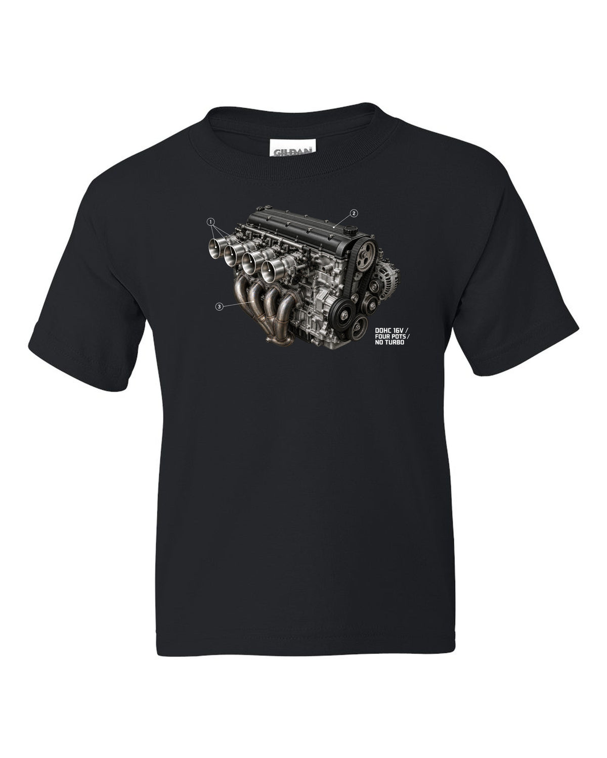 BMW E30 M3 S14 engine hero print labelled DOHC 16V four pots no turbo black kids tee front view with the design
