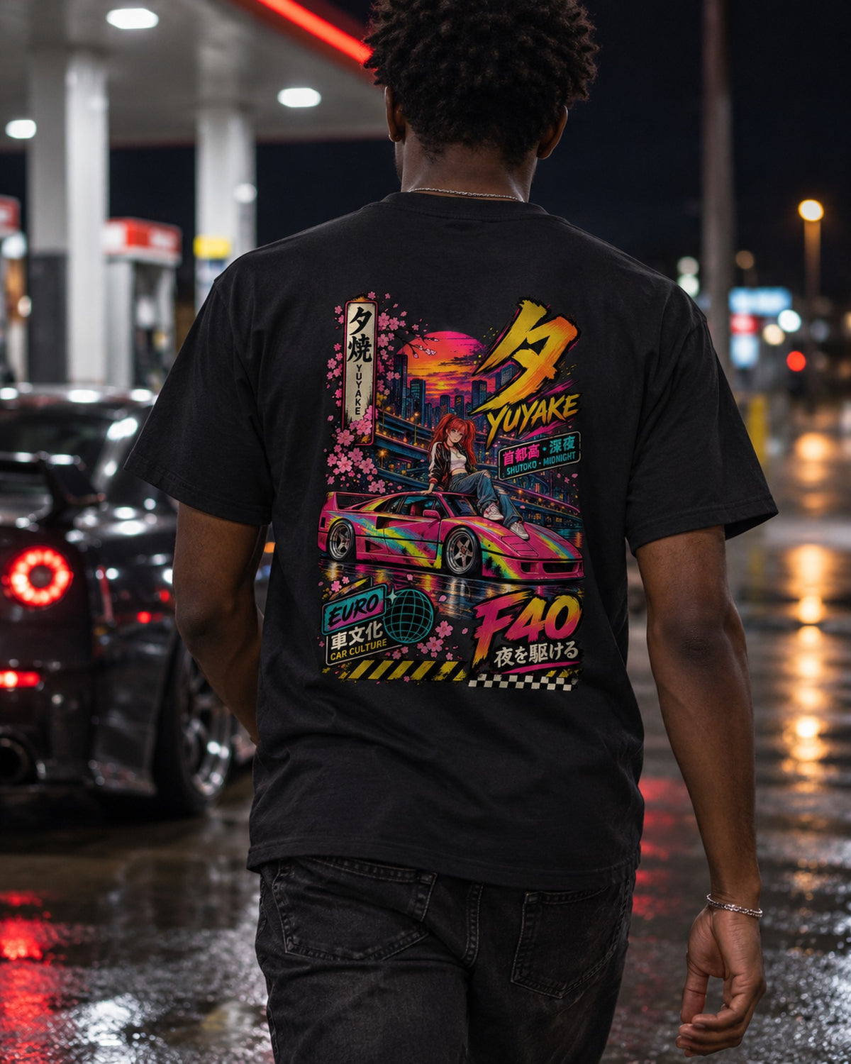 YUYAKE F40 Anime Girl Full-Back Graphic Tee T-Shirt Black worn hero