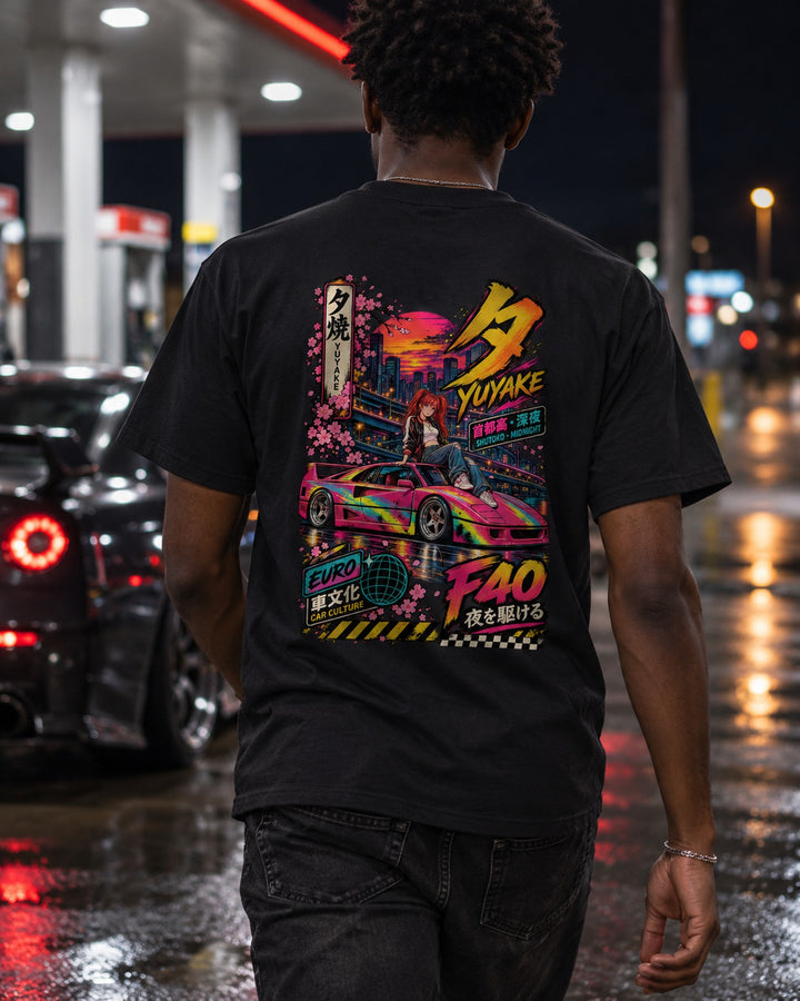 YUYAKE F40 Anime Girl Full-Back Graphic Tee T-Shirt Black worn hero