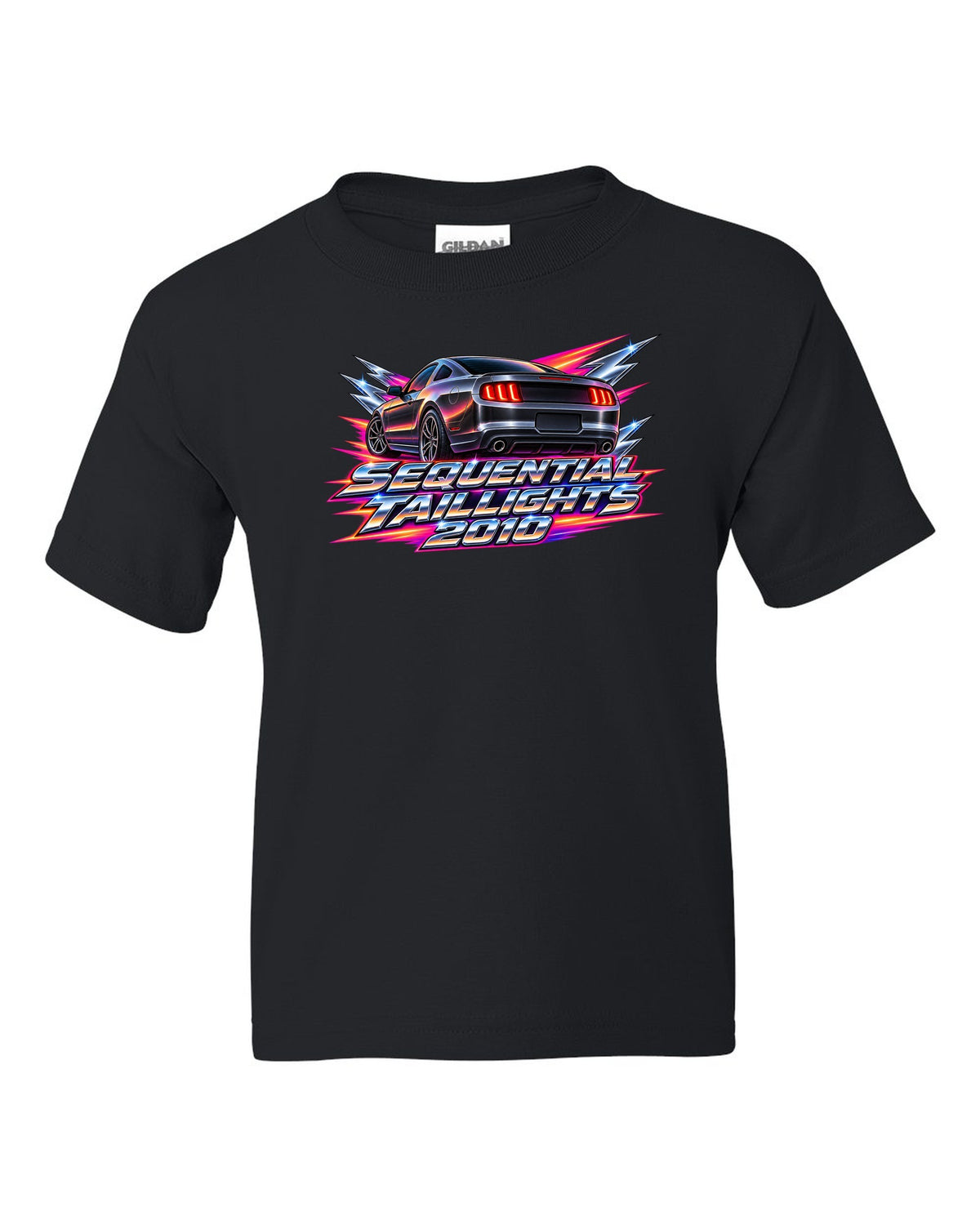80s airbrush chrome 2005-2014 S197 Ford Mustang fastback with sequential taillights text black kids tee front view with the design