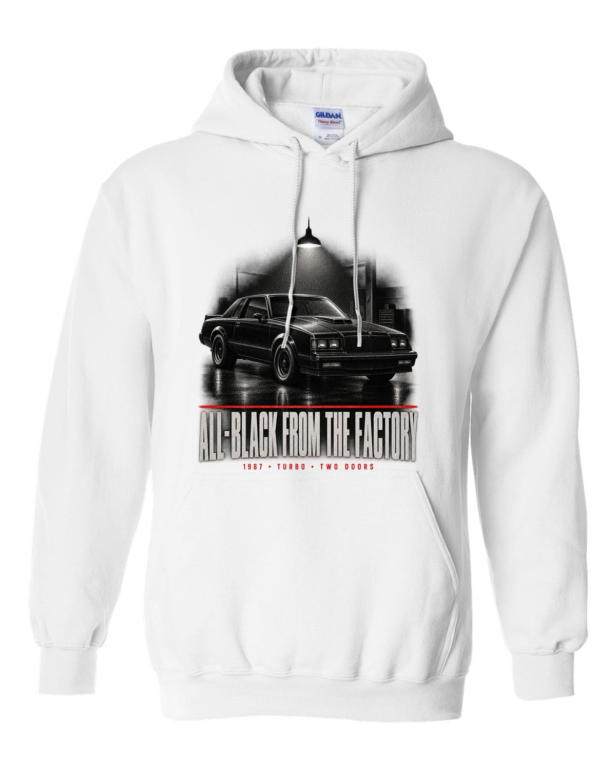1987 Buick Grand National garage night scene print with all-black text white pull over hoodie front view with the design