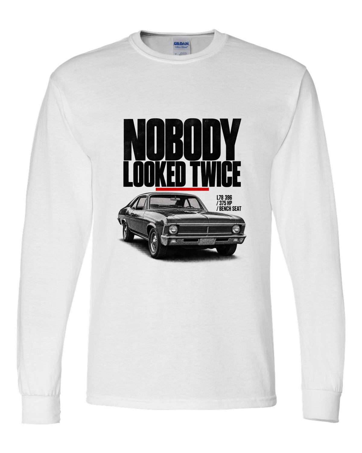 1969 Nova SS 396 halftone front three-quarter print with L78 396 specs white long sleeve front view with the design