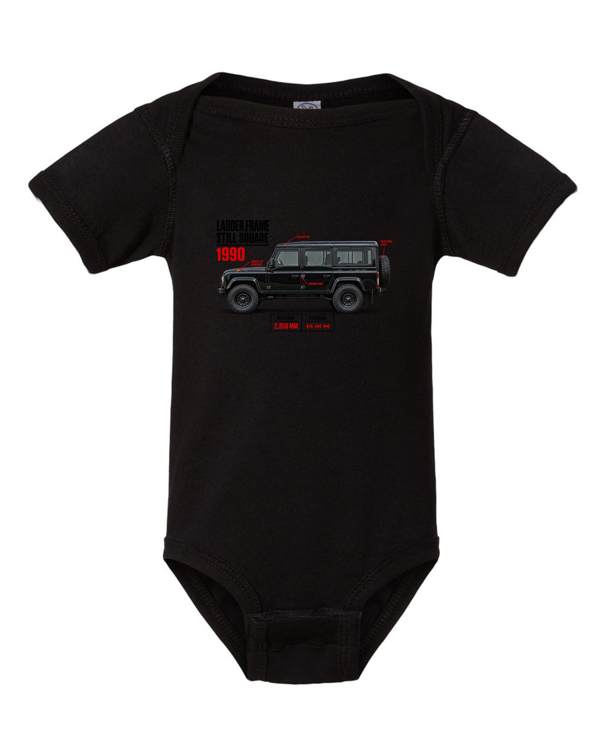 print spec poster of a Mercedes G-Class W463 with text ladder frame, 1990, still square black baby onesie front view with the design