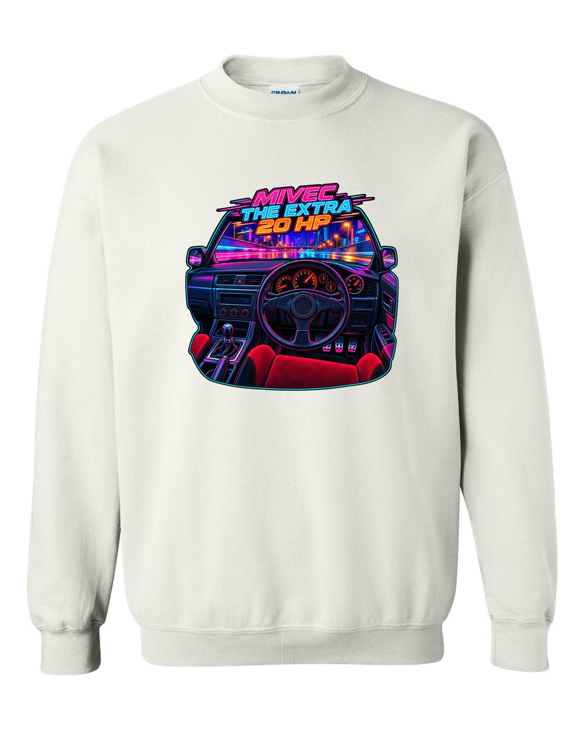 Neon cyberpunk gauge cluster cockpit of a Mitsubishi Lancer Evolution IX MR white crewneck front view with the design