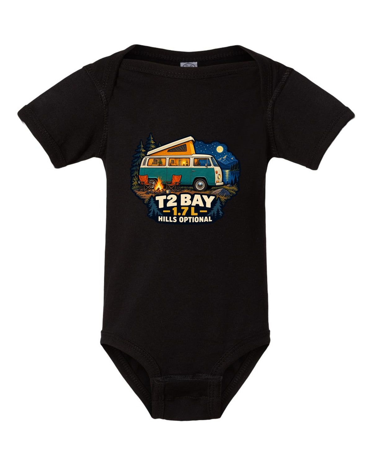 1972 VW Bus T2 Bay Window at a night camp painted in gouache black baby onesie front view with the design