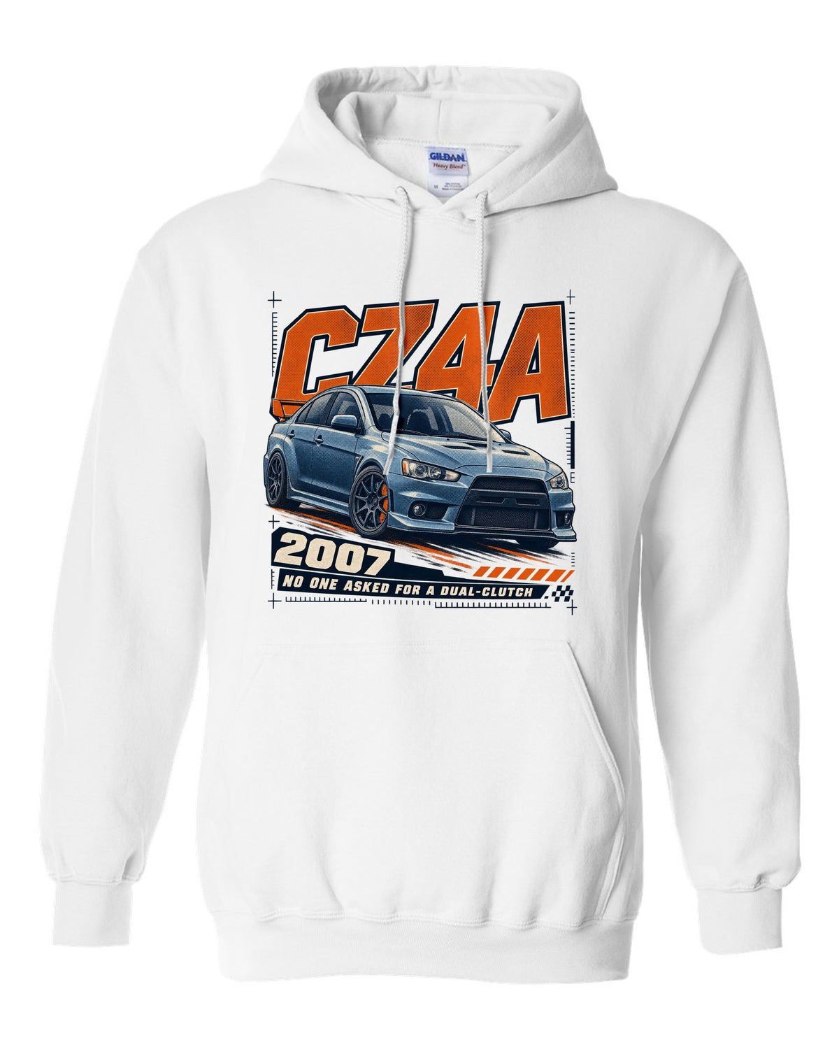 Mitsubishi Lancer Evolution X CZ4A front three-quarter halftone print white pull over hoodie front view with the design