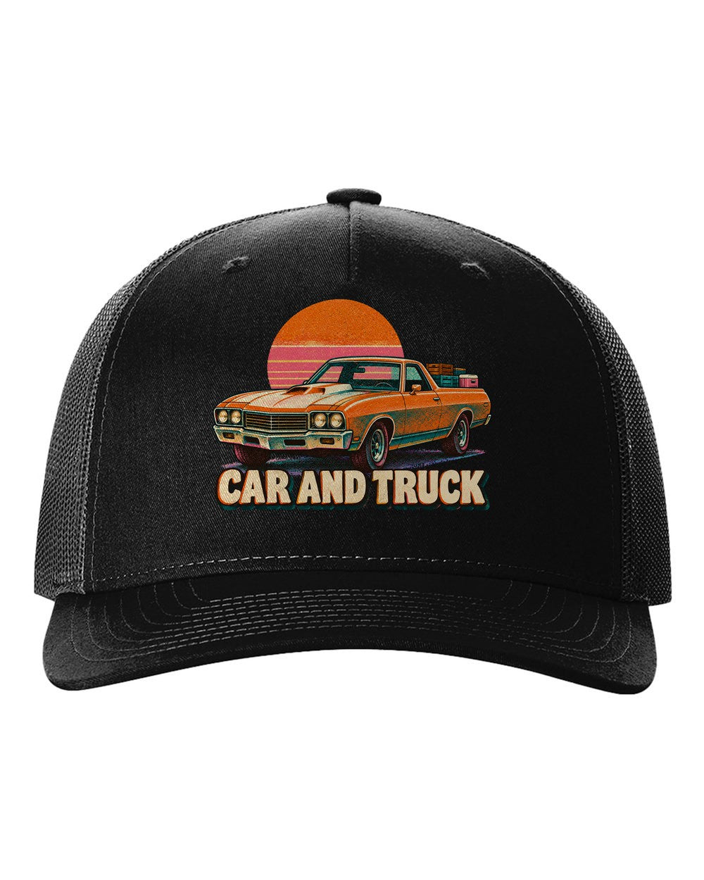 1970 Chevrolet El Camino SS 454 risograph spot-colour print reading Car and Truck black hat front view with the design