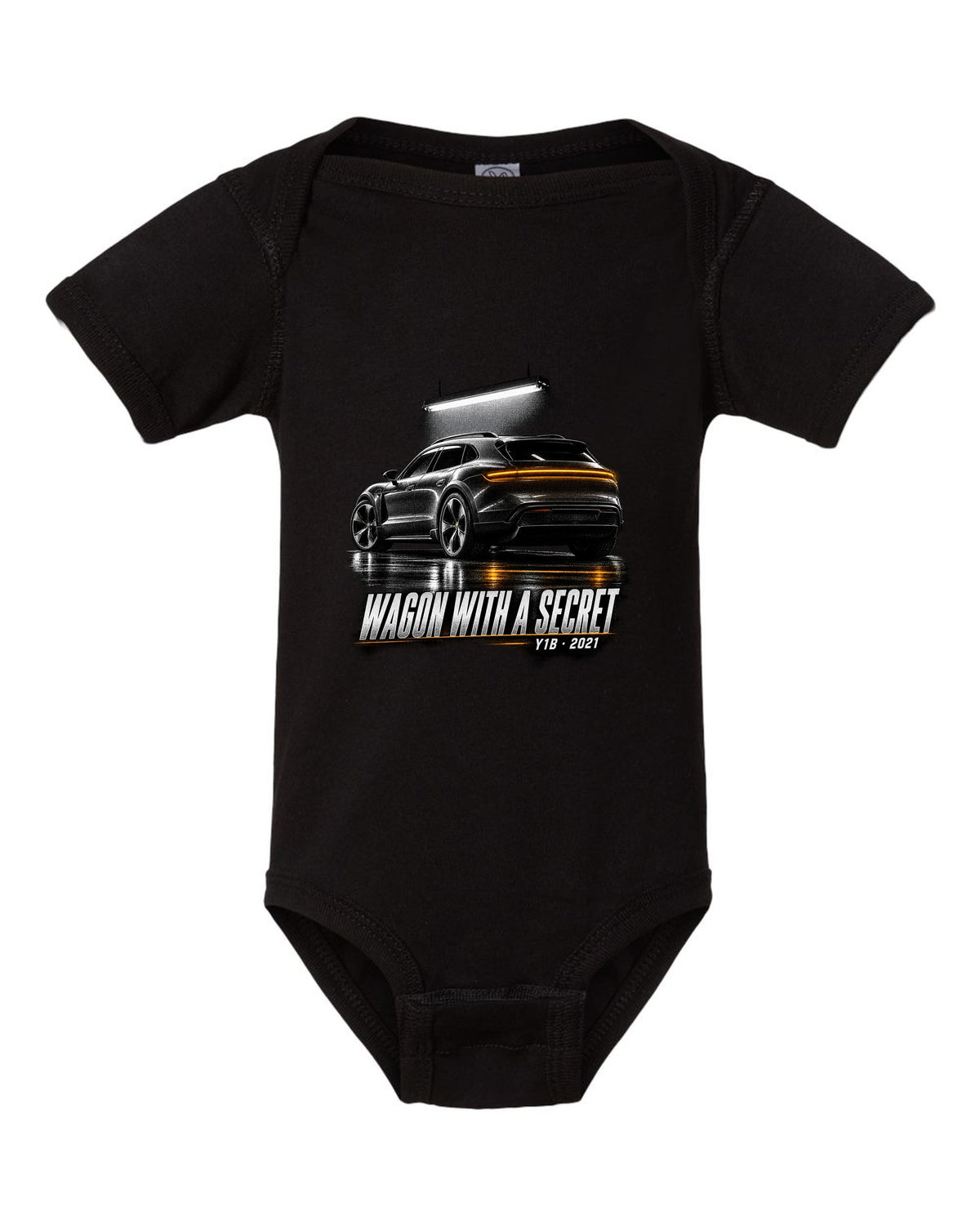 Porsche Taycan Cross Turismo Y1B in a dark garage, print design black baby onesie front view with the design