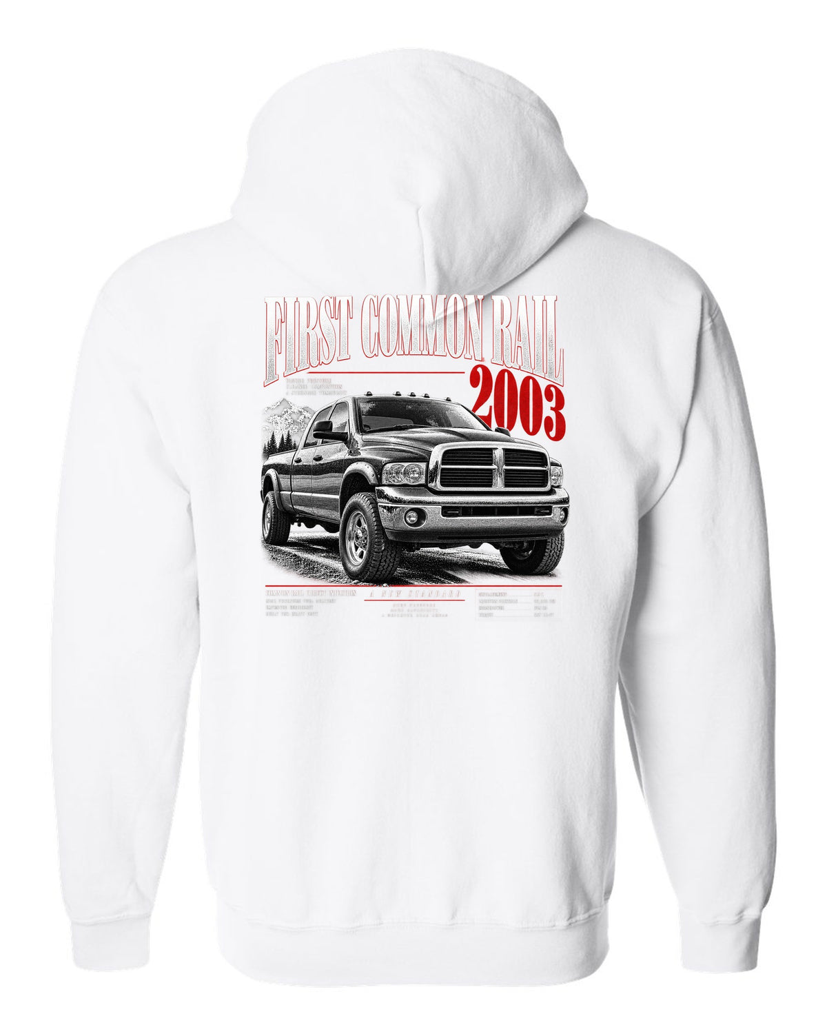 Editorial headline of a 2003-2009 Ram 2500 3rd gen with the text First Common Rail 2003 white zip hoodie back view with the design