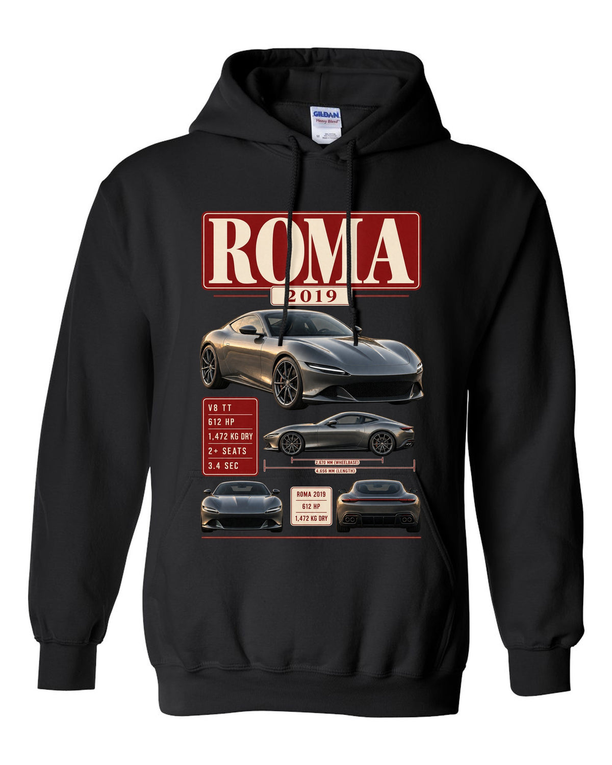 Archive panel print of the Ferrari Roma with 2019 spec text black pull over hoodie front view with the design