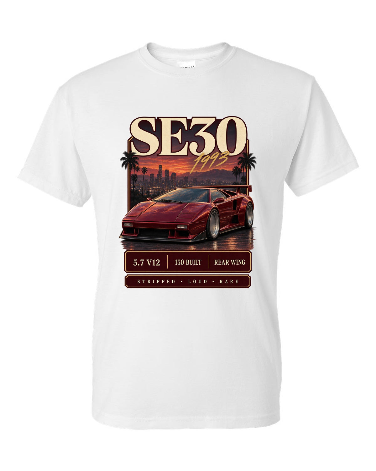 Archive panel print of a Lamborghini Diablo SE30 with 5.7 V12 and 150 built text white t-shirt front view with the design