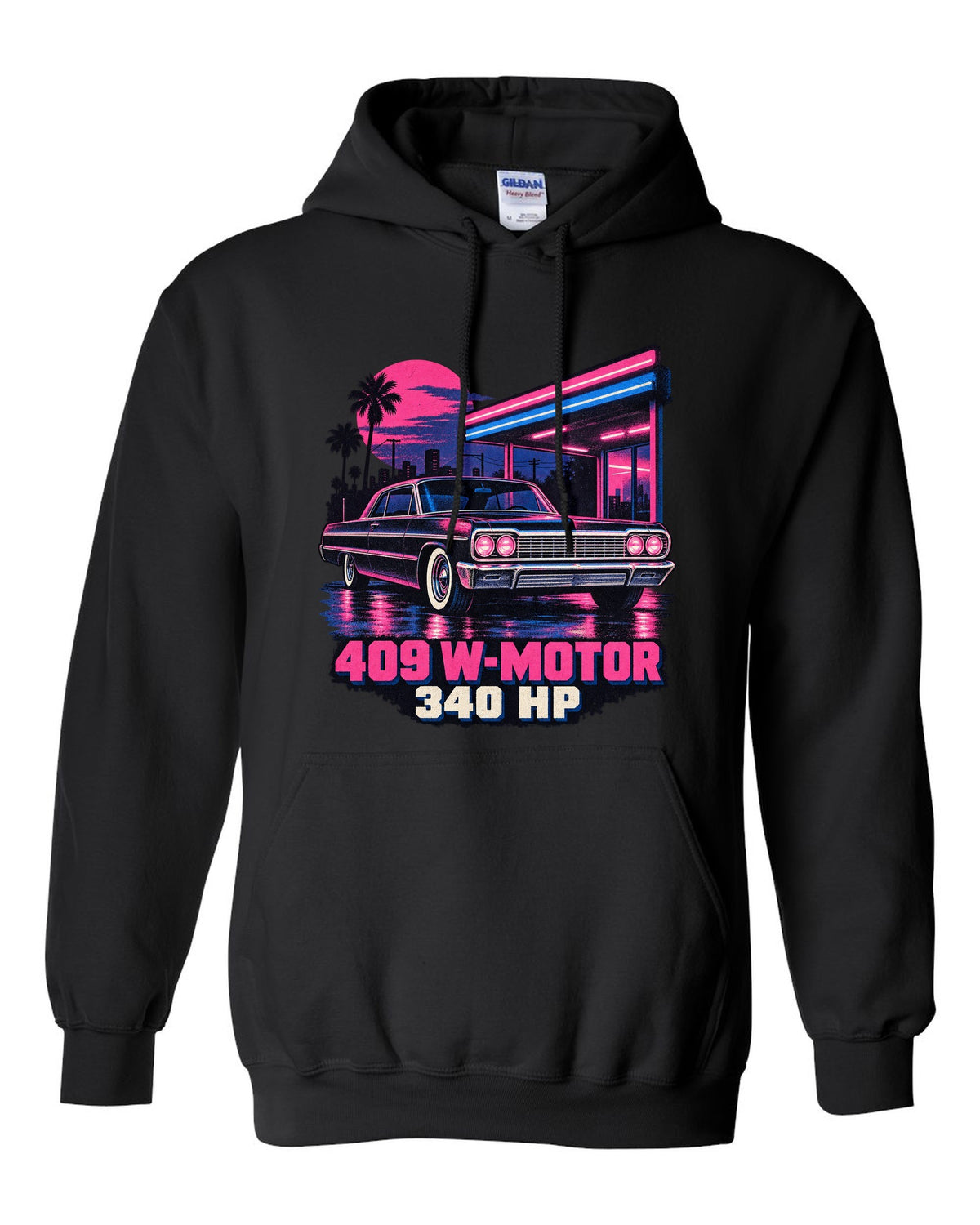 1964 Chevrolet Impala SS in pink and blue risograph neon rain with text 409 W-Motor 340 HP black pull over hoodie front view with the design