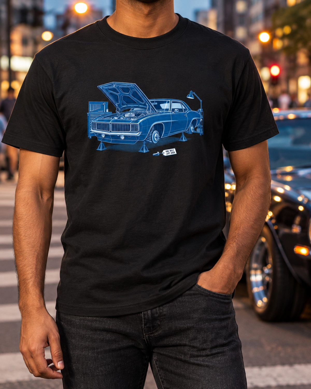 1969 Camaro Cyanotype Shirt, One Bolt Left Over Garage Tee T-Shirt Black worn hero