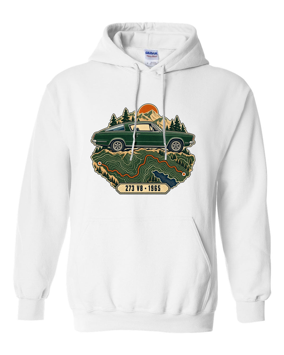 Topographic route map design with a 1965 Plymouth Barracuda fastback and 273 V8 lettering white pull over hoodie front view with the design