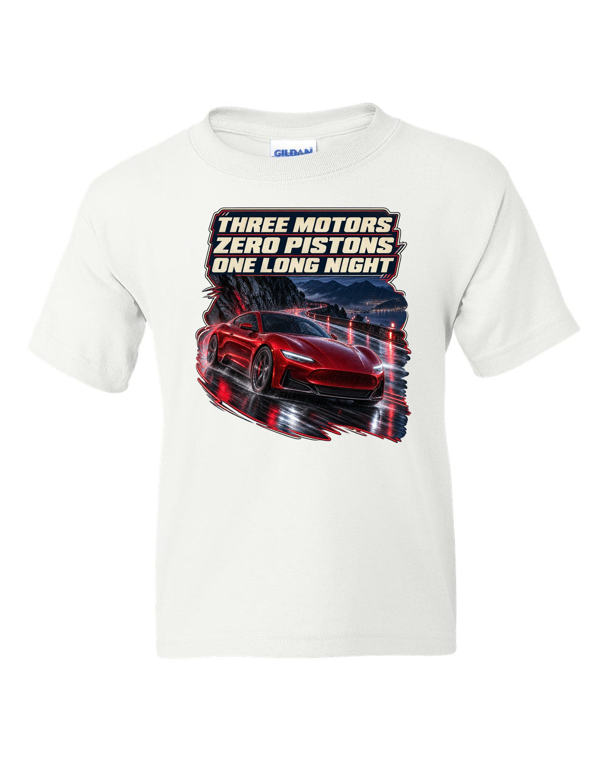Maserati GranTurismo Folgore night street print white kids tee front view with the design
