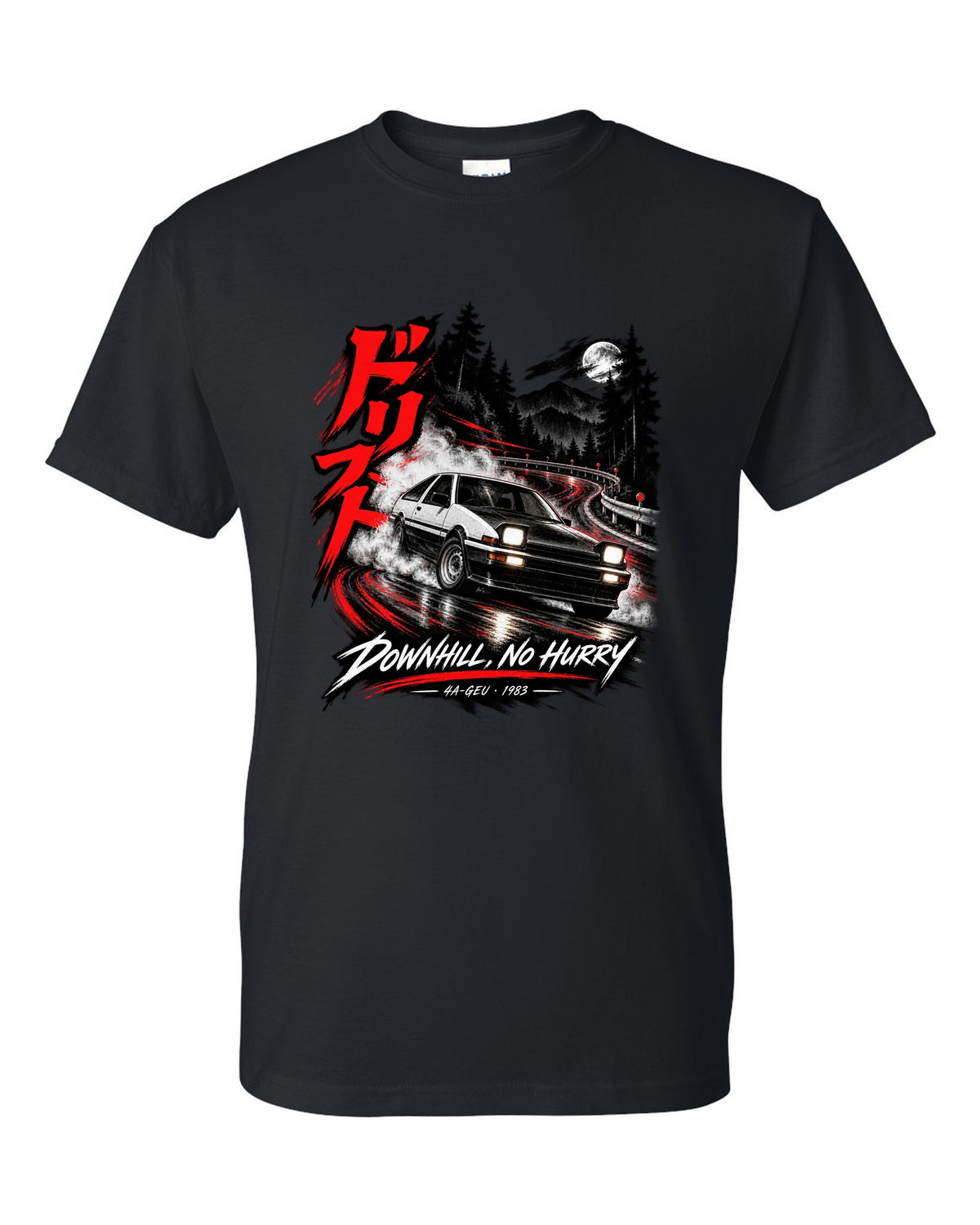 Touge night print of a Toyota Sprinter Trueno AE86 zenki with drift kanji and Downhill No Hurry text black t-shirt front view with the design