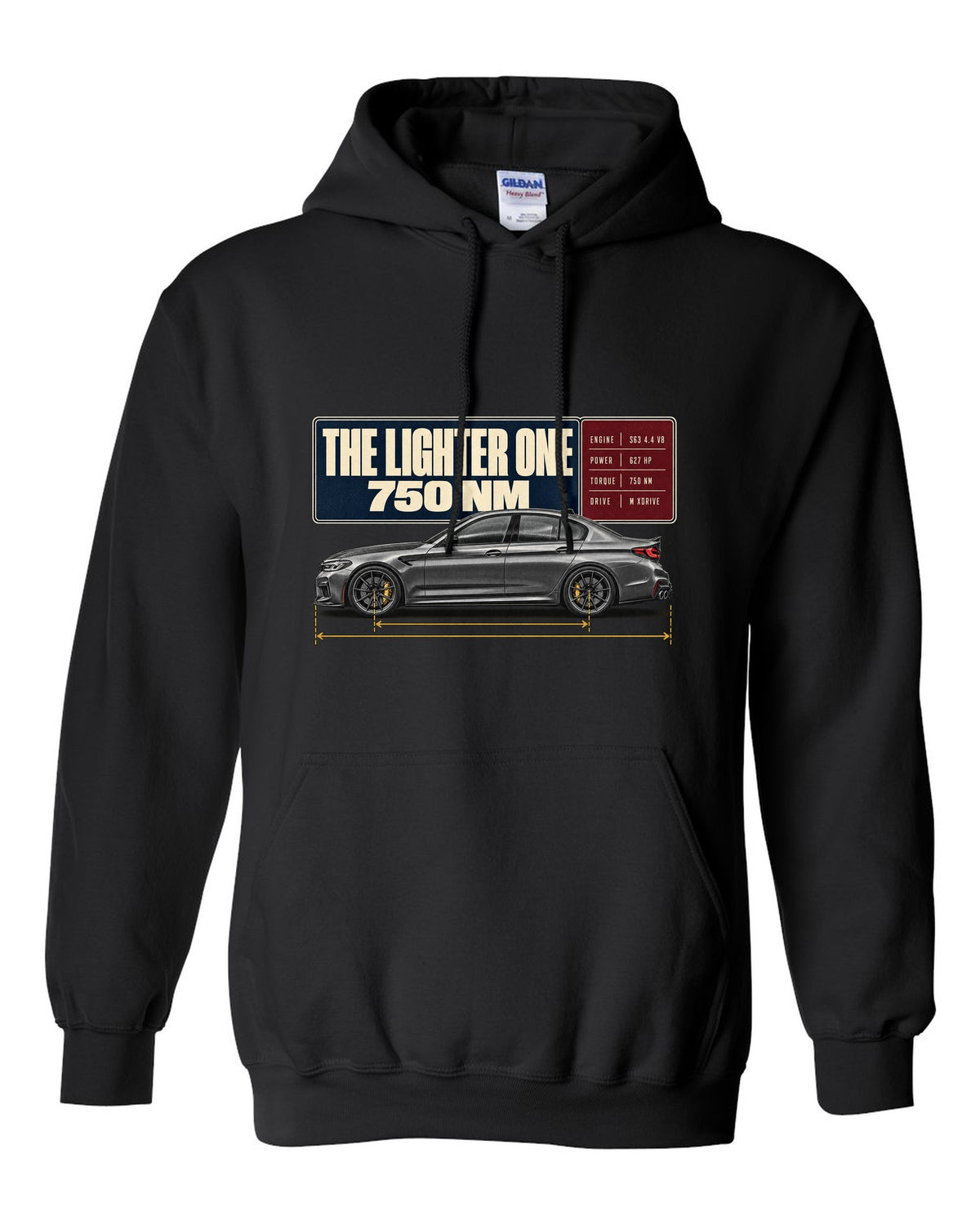 BMW M5 F90 CS spec poster print on a tee black pull over hoodie front view with the design