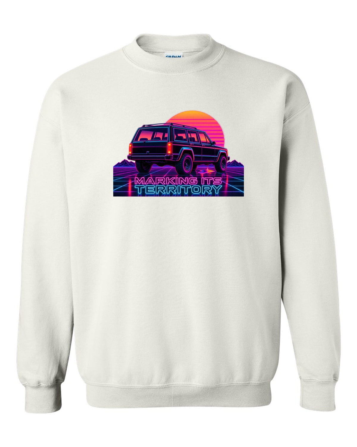 Neon synthwave print of a Jeep Cherokee XJ with the words Marking Its Territory white crewneck front view with the design