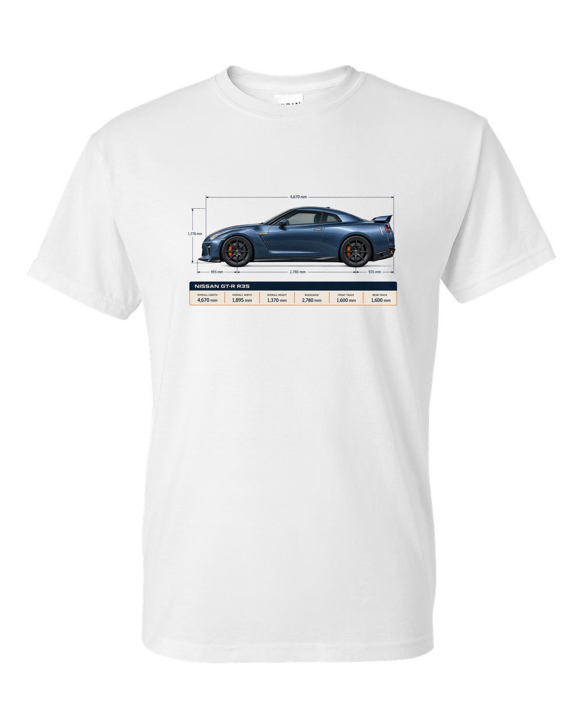 Nissan GT-R R35 Premium in gunmetal grey with an editorial headline layout white t-shirt front view with the design