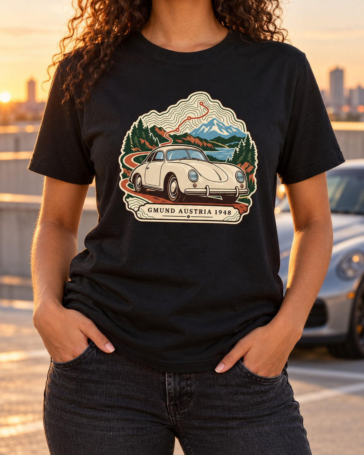 Porsche 356 Gmund 1948 Topographic Route Map Shirt T-Shirt Black worn hero