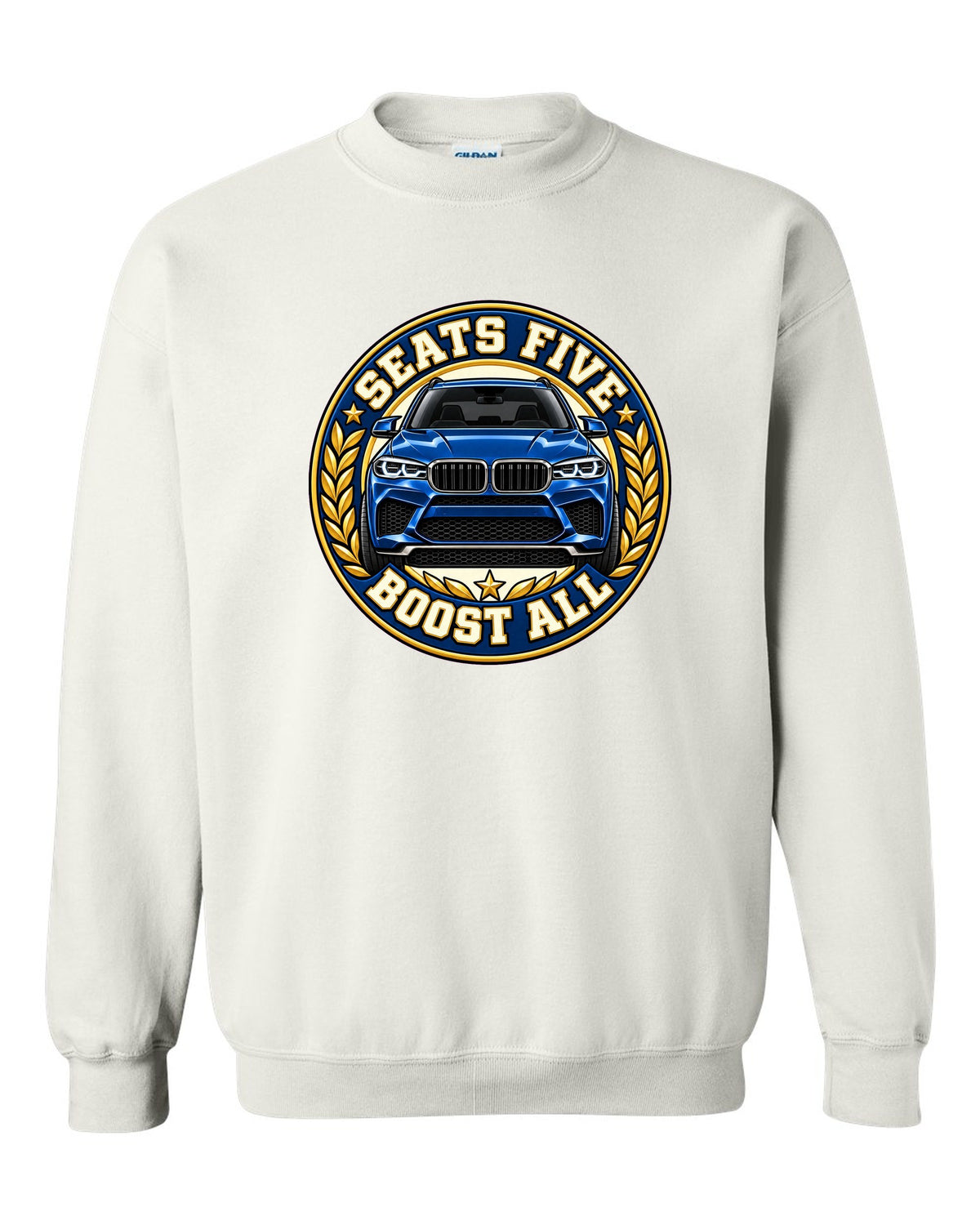 Embroidery-style varsity crest print for the BMW X5 M F85 white crewneck front view with the design