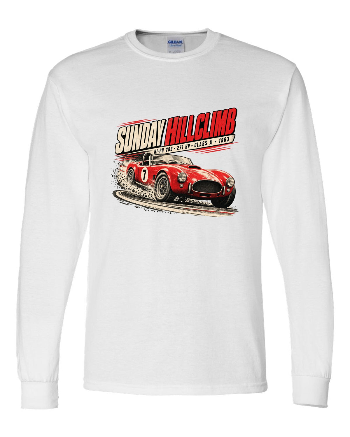 Race poster print of a 1963 289 roadster at a Sunday hillclimb white long sleeve front view with the design