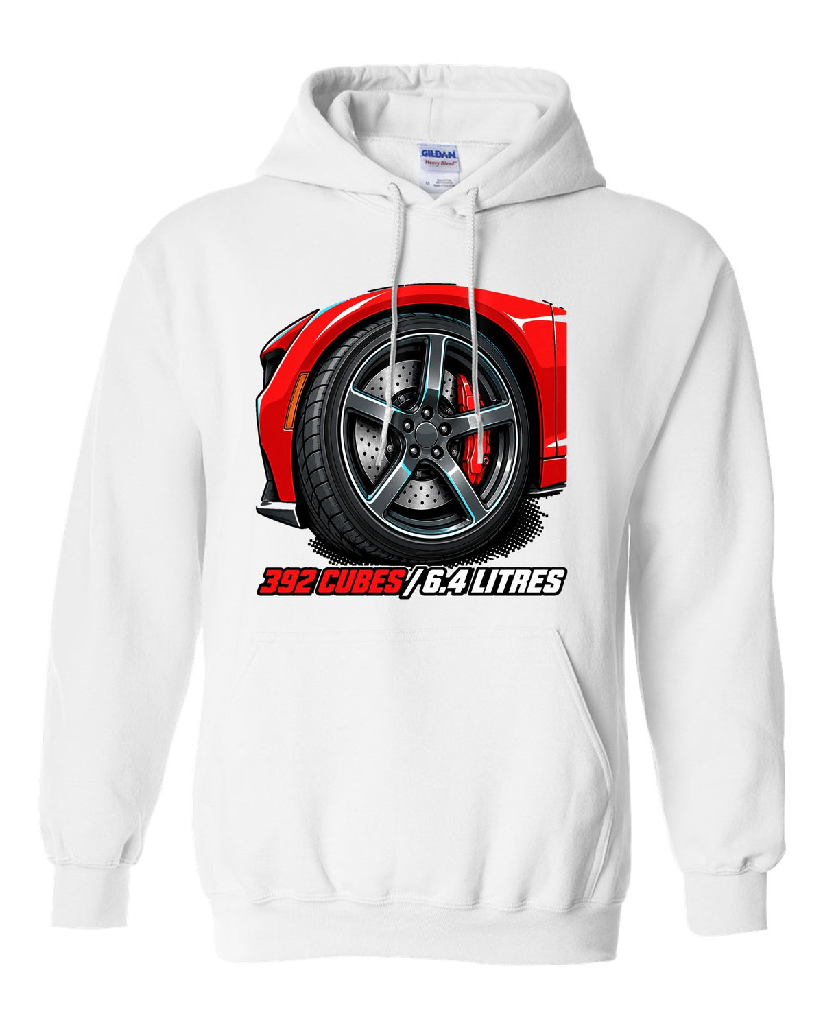 Bold monoline print with halftone shadow of a 2018 Dodge Challenger SRT 392 white pull over hoodie front view with the design