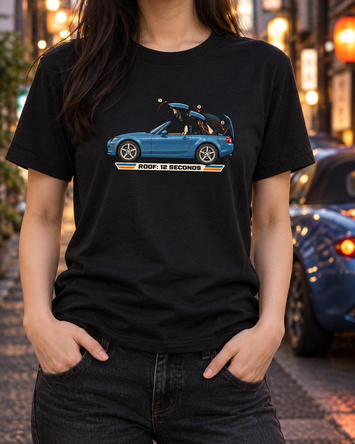 Mazda MX-5 NC PRHT Roof Fold Cutaway Diagram Shirt T-Shirt Black worn hero