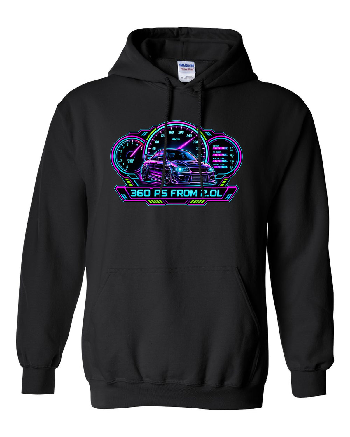 Neon cyberpunk gauge cluster print for the Mitsubishi Evo IX CT9A with 360 PS from 2.0L text black pull over hoodie front view with the design