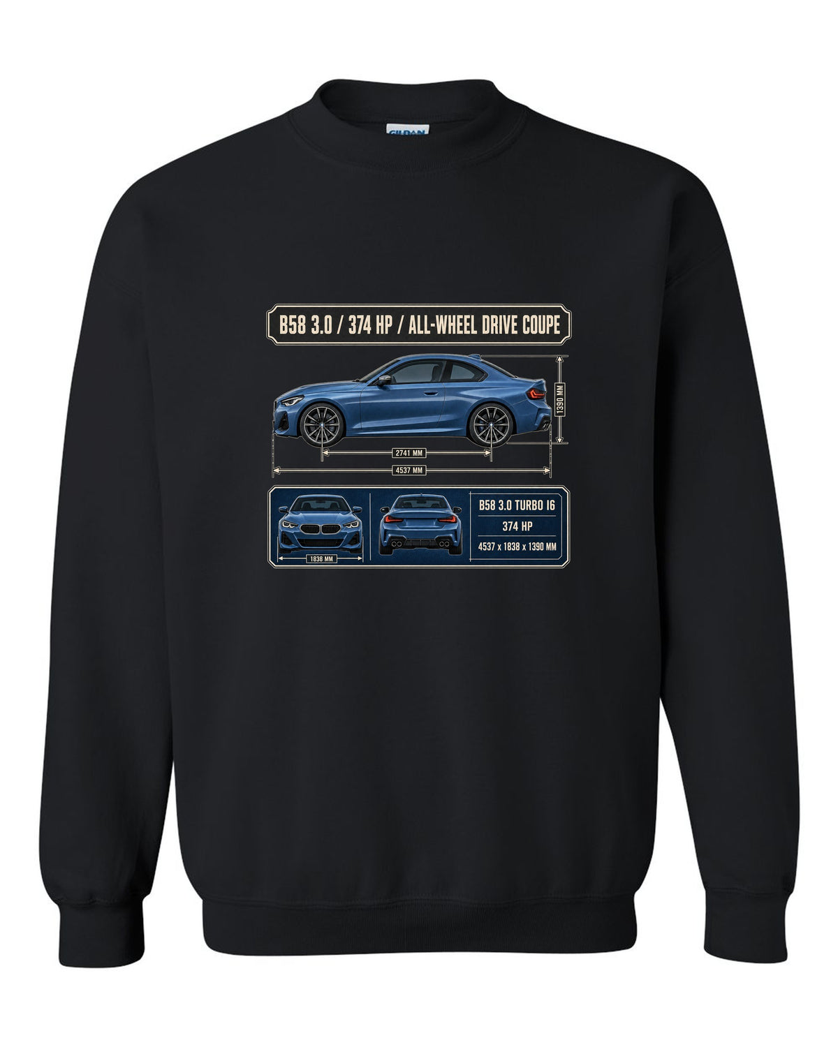BMW M240i xDrive G42 coupe dimension blueprint print black crewneck front view with the design