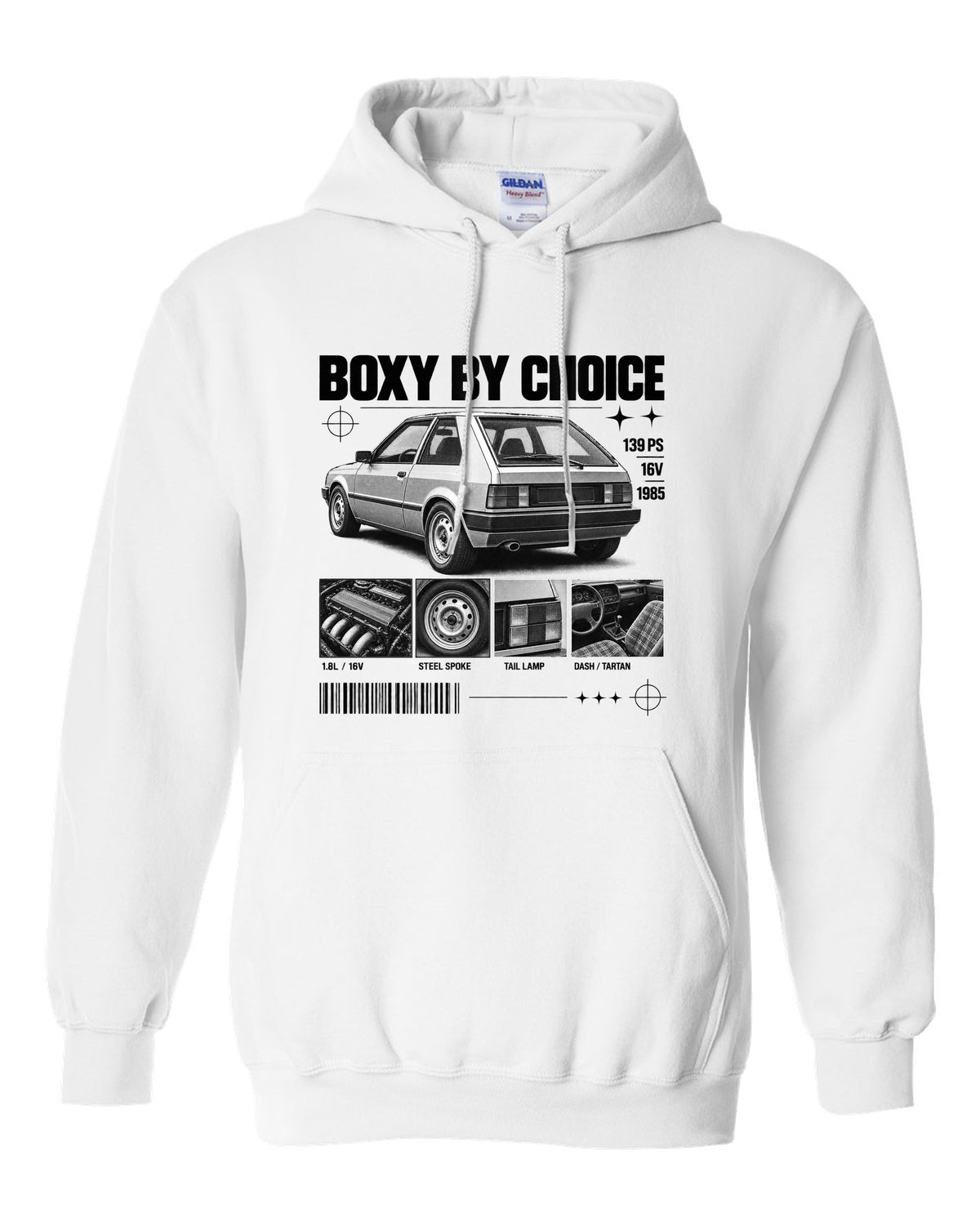VW Golf Mk2 GTI 16V 1985 rear three-quarter in dossier panels with 139 PS text white pull over hoodie front view with the design